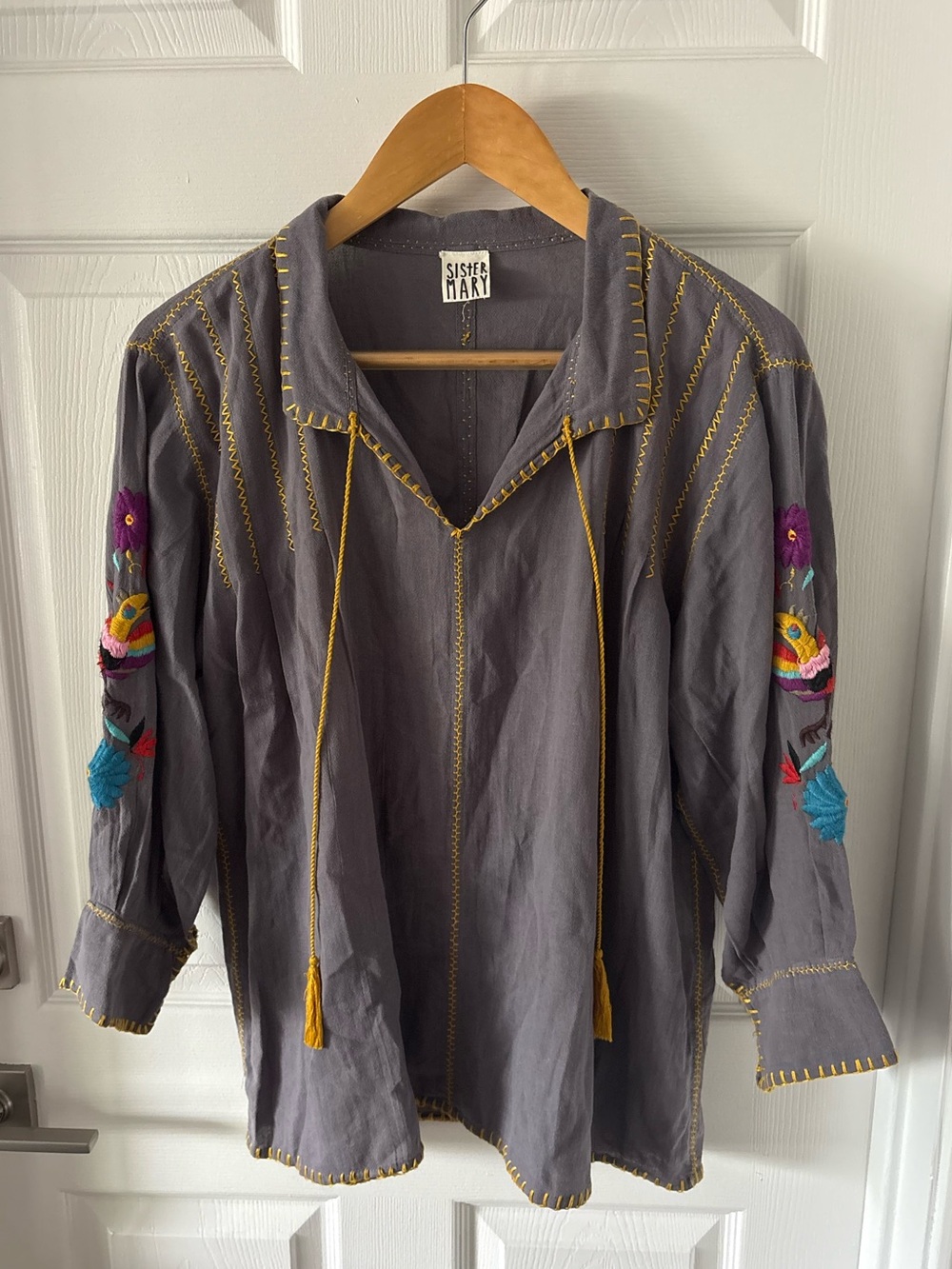 Sister Mary by Ivy Jane Embroidered Boho Tunic Blouse Gray Size M